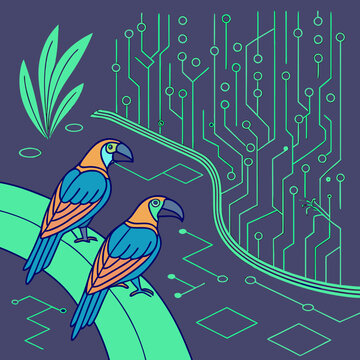 Two macaws on a green circuit board branch