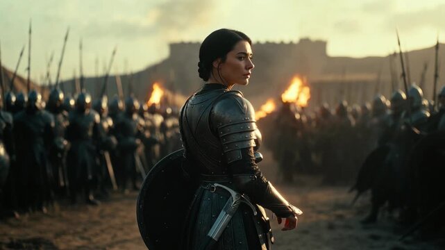Female warrior in armor facing troops, cinematic style on battlefield at sunset, concept of courage and leadership