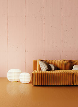 Modern interior design with orange sofa and empty pink wall background. 3D Rendering, 3D illustration