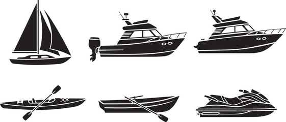 Boat and Watercraft Vector Icons Set: Yacht, Sailboat, Kayak, Jet Ski © Vector 4 You