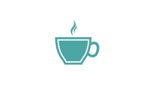 Simple teal coffee cup icon with steam rising against a white background.