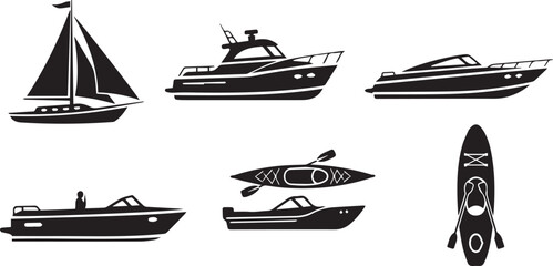 Boats and Watercraft Icon Set: Sailboat, Motorboat, Yacht, Kayak, Canoe, and Paddle Vector Collection © Vector 4 You