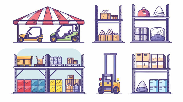 A cartoon illustration of warehouse elements, including vehicles, shelving with goods, and a forklift