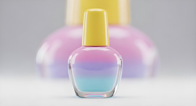 Adorable nail polish bottle with a bright yellow cap. The clear glass bottle showcases a beautiful, glossy rainbow pastel gradient, perfect for an aesthetically pleasing beauty collection.