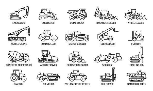 Collection of Detailed Line Icons Representing Construction Equipment and Heavy Machinery