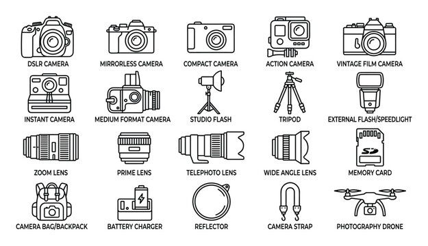 Diverse Photography Equipment Icons: Cameras, Lenses, and Accessories
