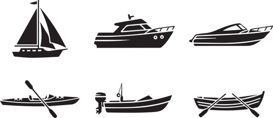 Black Boat Vector Icons Set: Sailboat, Yacht, Motorboat, and Rowing Boat Silhouette Collection © Vector 4 You