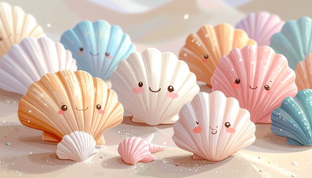 A group of colorful seashells with smiling faces on a sandy beach