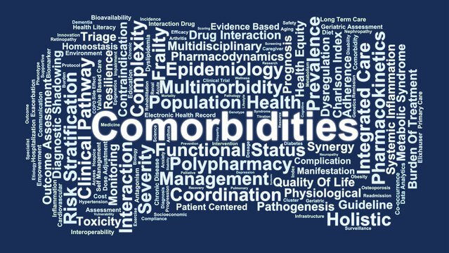 Comorbidities Word Cloud. Exploration of Co-occurring Health Conditions, Polypharmacy Risks, and Integrated Care Strategies for Complex Patient Profiles in Modern Medicine.