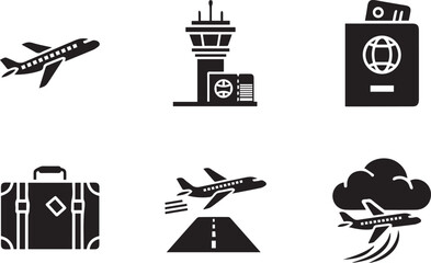 Fototapeta premium Airport and Aviation Icon Set: Airplane Takeoff, Passport, Suitcase, and Control Tower Silhouettes