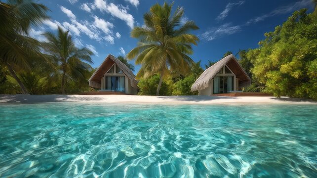 Tropical island with luxury beach villas, bungalows, palm trees, ocean lagoon, and sandy shore, tropical beach resort, swimming pool with palm trees, swimming pool in tropical resort