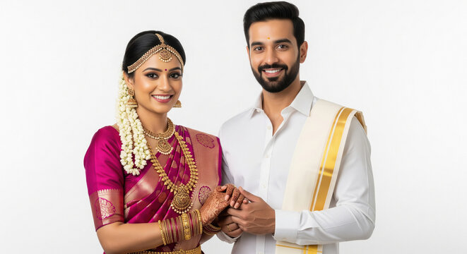 A South Indian couple dressed in traditional wedding attire, featuring the bride in a magenta Kanchipuram silk saree with temple jewelry