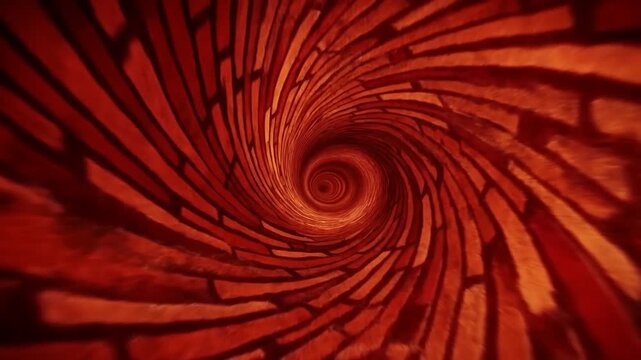 Tracking shot of spiral tunnel interior rotating and swirling past red brick masonry toward vortex center in confined underground passage