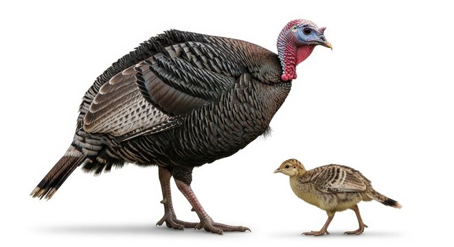 Close Up Portrait of a Mother Turkey and Her Small Baby Offspring