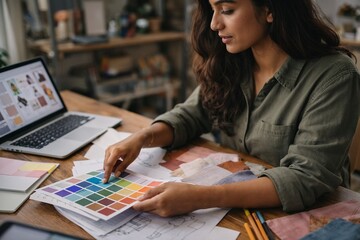 Fototapeta premium Creative designer choosing color palette working on project at desk
