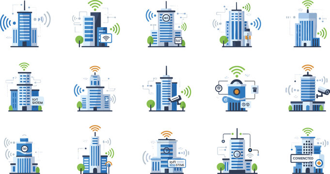 Smart city building vector icon set featuring connected skyscrapers with wireless signals IoT technology and digital urban infrastructure for modern metropolitan network and communication design