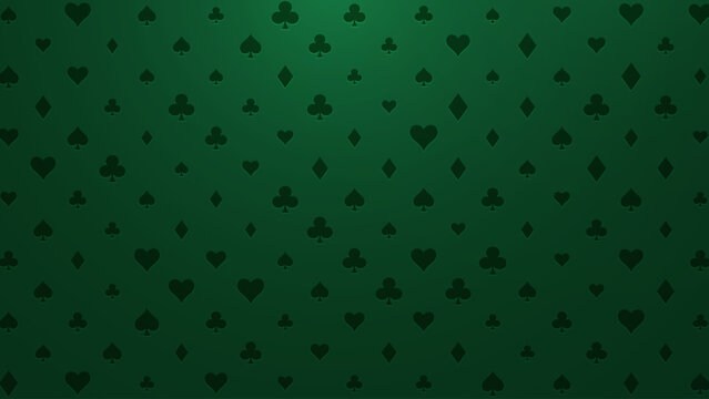 Elegant Poker Table Pattern with Playing Card Suits on Green Background. Seamless Casino Theme with Classic Style. Vector Illustration.