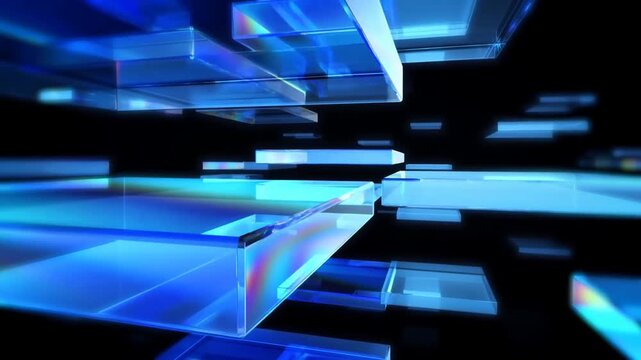 Tracking shot of floating glass panels sliding forward through dark void studio with blue reflective light and translucent prism slabs