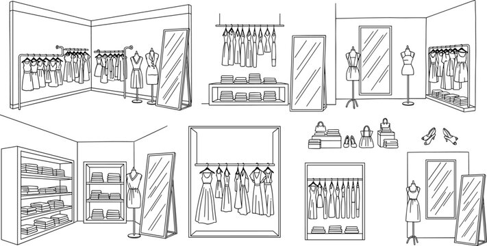 Minimalist fashion boutique retail store interior line art vector illustration set with clothing racks mirrors mannequins and apparel displays for architectural floor plan design