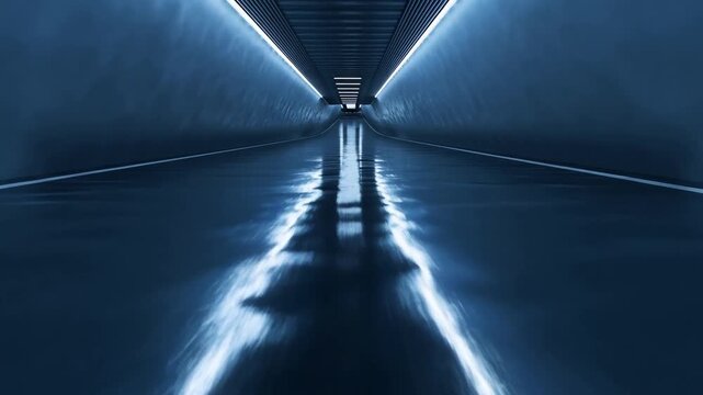 Tracking shot of glossy tunnel floor reflections moving forward through symmetrical underground corridor with ceiling lights and vanishing point perspective