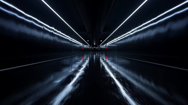 Tracking shot of tunnel interior with car approaching on wet reflective floor and glowing headlights along symmetrical underground roadway at night