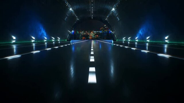 Tracking dolly forward through illuminated tunnel road with centerline leading toward city skyline interior underpass at night