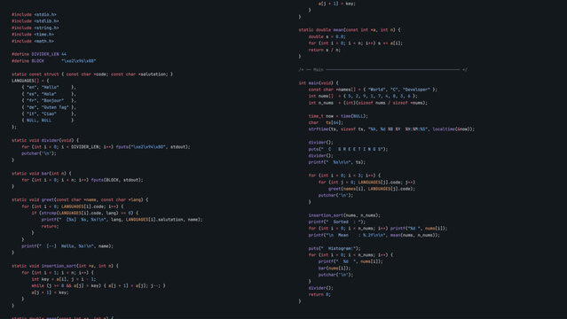 Advanced Software Engineering Workspace Displaying Hello World Application in Modern Programming Language with Structured Syntax and Dark Theme Interface. Technology Concept.