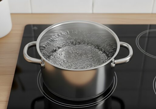 Boiling water in a metal pot on a stovetop