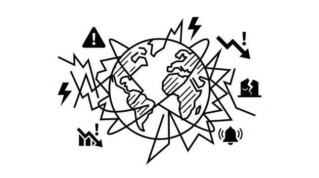 Earth globe with numerous warning symbols like lightning bolts, broken pieces, and exclamation marks, symbolizing severe global crisis and environmental chaos, isolated white background.