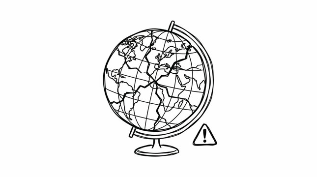 Desktop Earth globe showing cracks and a warning triangle symbol, representing global crisis and fragility, isolated white background.