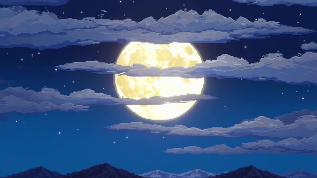 Slow pan tracking shot of full moon with drifting clouds crossing over mountain range in night sky above alpine landscape