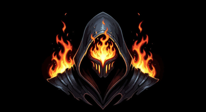 Fiery hooded figure with glowing mask and flames against a dark background representing power and mystery