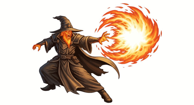 Fantasy wizard character casting a powerful fire spell with glowing magical energy during a dramatic confrontation on a white background