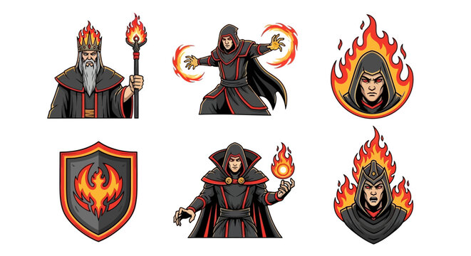 Fantasy Mage Character Collection With Fire Elemental Magic And Emblem For Gaming Or Storytelling Concepts