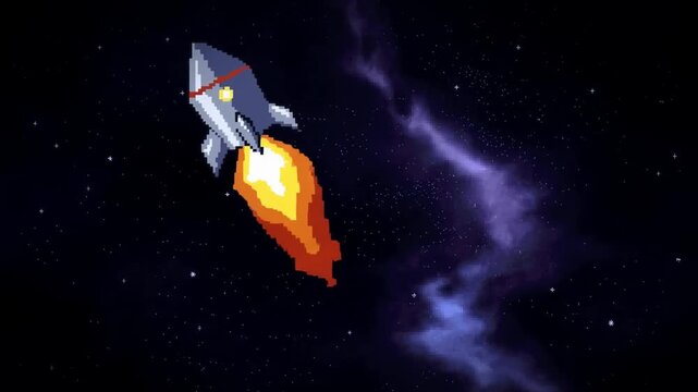 Tracking shot of pixel art rocket ascending diagonally with fiery exhaust through starfield and purple nebula in outer space