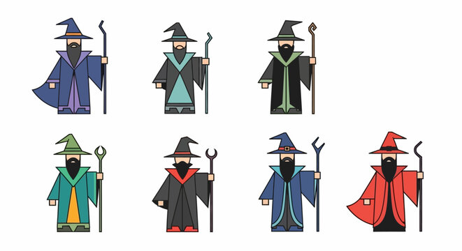 Collection of eight diverse wizard characters with staffs and pointed hats in various robe colors and designs suitable for fantasy or educational