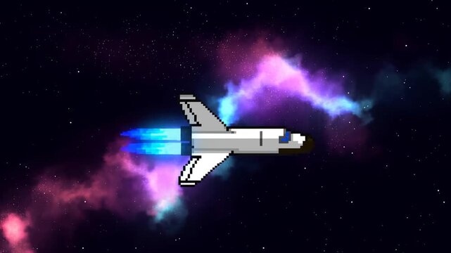 Tracking shot of pixel art space shuttle flying with blue engine thrust across colorful nebula and starfield in outer space side view