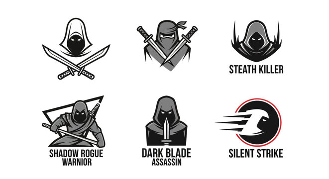 Collection of stylized warrior emblems featuring hooded figures holding swords and daggers for game or esport branding identity design projects