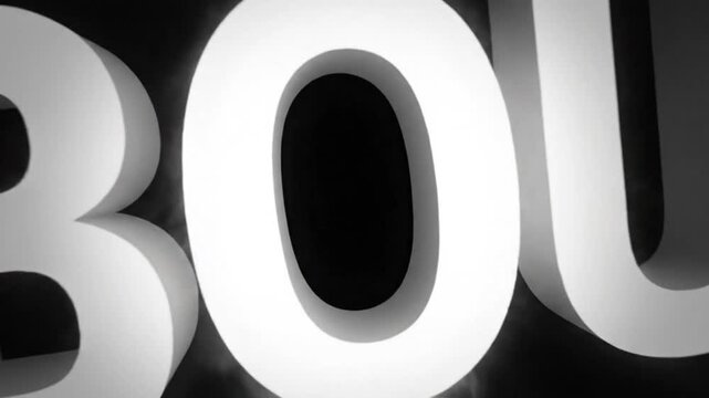Dramatic white 3D ABOUT text effect with smoke floating on a black background for a video introduction