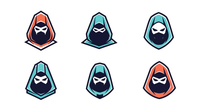 Six stylized hooded figures with masked faces in orange and blue color palettes presented in a symmetrical arrangement for brand identity and digital