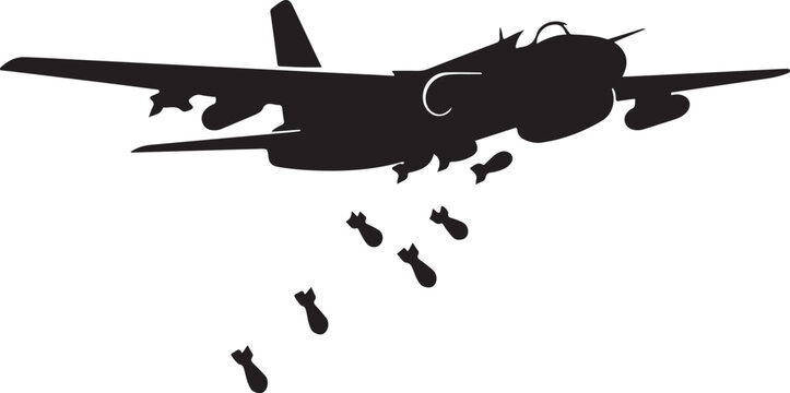 Military bomber plane, dropping bombs, black silhouette, vector illustration, warfare aircraft