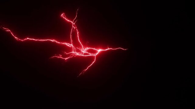 Slow motion close up of red electric lightning arcs branching and spreading across dark black background studio environment