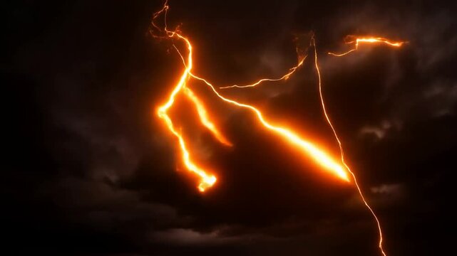 Slow motion tracking wide shot of orange lightning bolts arcing and striking through dark storm clouds across open horizon at twilight