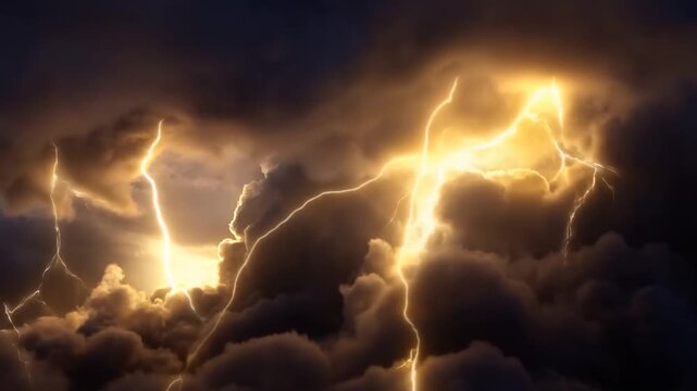 Time lapse aerial view of storm clouds with repeated lightning strikes illuminating towering cumulonimbus formations above dark backlit sky at dusk