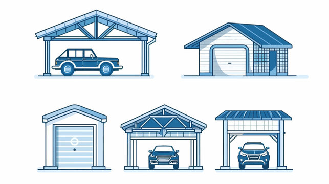 Stylized illustration of different types of garages in shades of blue. Vehicles are parked inside