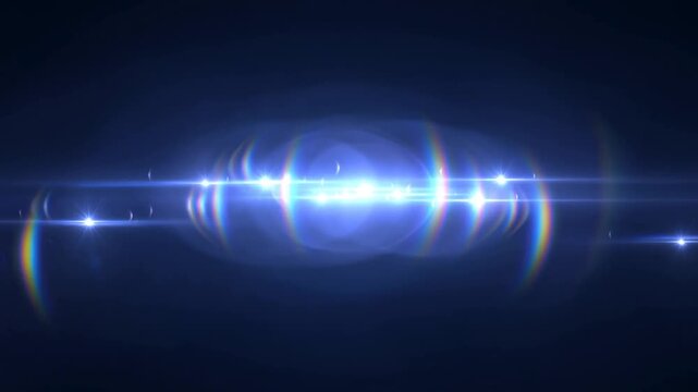 Tracking shot of light flare streaks zooming and intensifying across dark horizontal background in cinematic studio setting