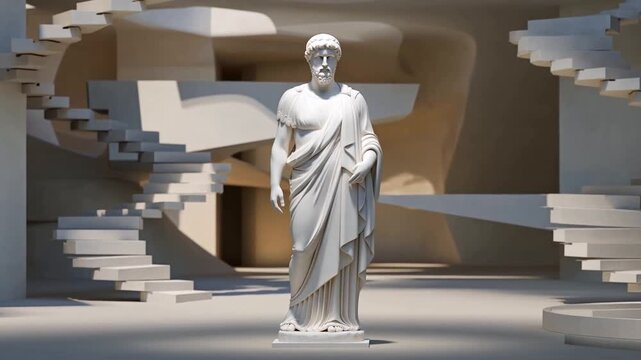 Dolly in shot of marble statue slowly approaching frame center in modern concrete atrium with floating spiral staircases