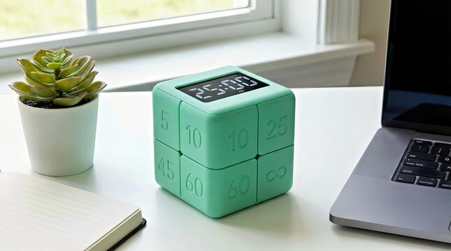 Green Timer on Desk: A green cube timer sits atop a bright workspace, next to a succulent, notebook and laptop. Indicating time management.