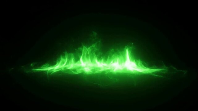 Slow motion static shot of glowing green plasma flame line rising and pulsing across black digital background in studio abstract visual effects sequence