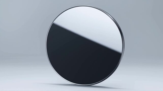 Slow motion rotation of circular reflective disc spinning and reflecting light on tabletop studio backdrop with chrome rim and glossy surface